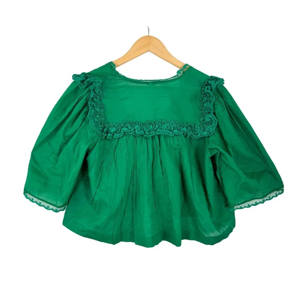 Free People Luna Crop Tee lagen look boho ruffle green jolly rancher sz‎ XS
